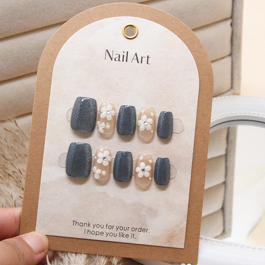 Floral Elegance Medium Square Dark Blue and Beige Press On Nail Set with White Flower Accents