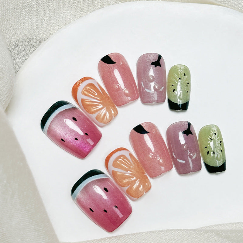 Fruit Paradise Long Square Pink Green Press On Nail Set with Juicy Watermelon and Kiwi Designs