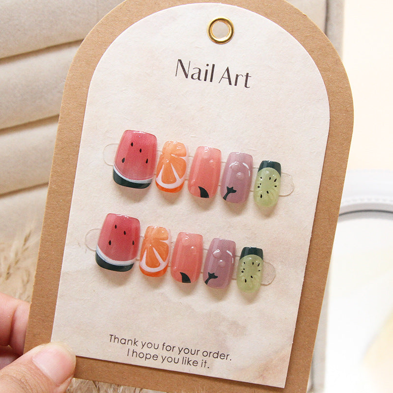 Fruit Fiesta Vibrant Medium Square Press On Nail Set Juicy Watermelon Orange Pink and Green Slice Designs