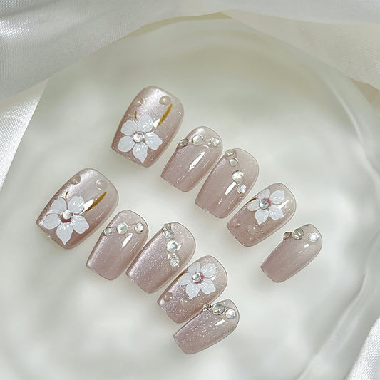 Blossom Elegance Long Square Blush Pink Press On Nail Set with Floral Designs and Rhinestone Accents