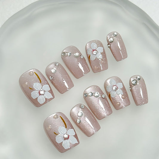 Blossom Elegance Long Square Beige Press On Nail Set with Floral Design and Rhinestone Accents