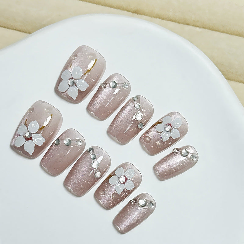 Blossom Romance Long Square Blush Pink Floral Gemstone Press On Nail Set