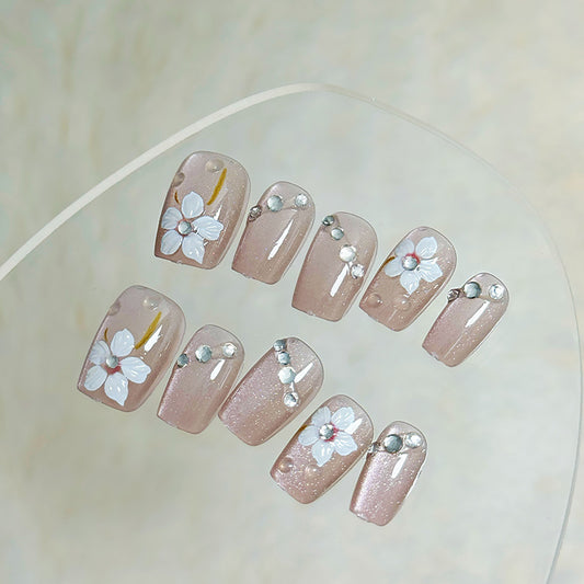 Blossom Elegance Long Square Blush Pink Press On Nails with Floral Design and Glitter Accents