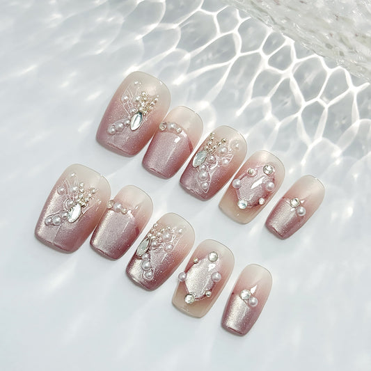 Whimsical Elegance Long Square Blush Pink Press On Nail Set with Pearls and Gems