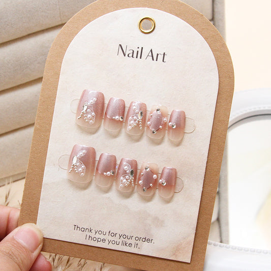 Whimsical Elegance Medium Square Blush Pink Press On Nail Set with Sparkling Floral Accents