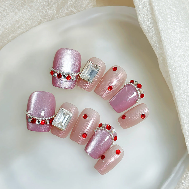 Glamorous Princess Style Long Square Shape Pink and Purple Press On Nail Set with Sparkling Rhinestone Accents