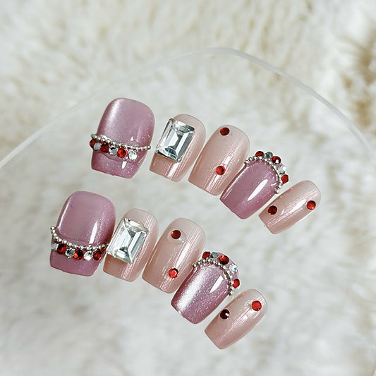 Glamorous Elegance Long Square Pink and Beige Press On Nail Set with Sparkling Rhinestones