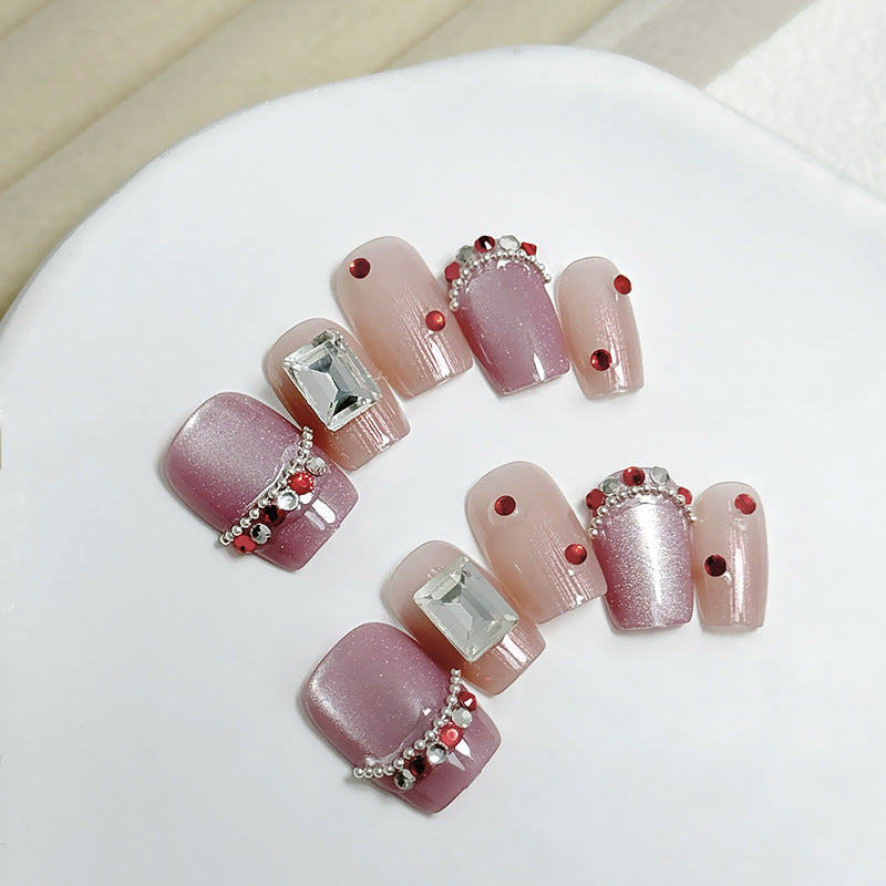 Royal Elegance Long Square Pink Ombre Press On Nail Set with Sparkling Gem Accents