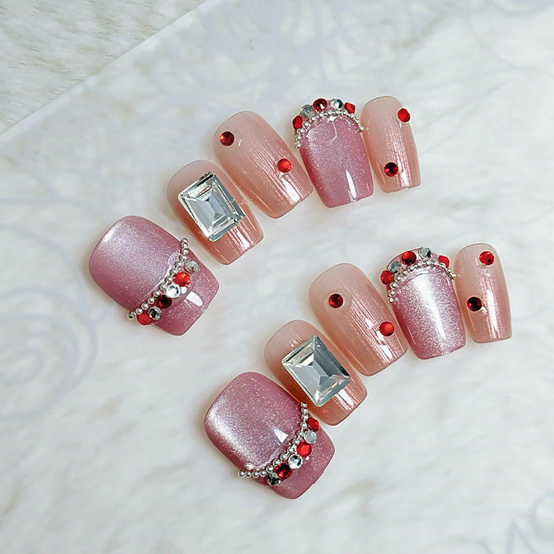 Glamorous Romance Long Square Pink Press On Nail Set with Dazzling Rhinestone Accents