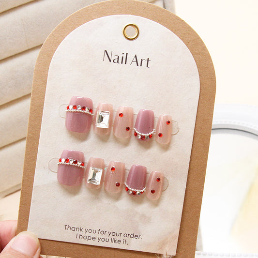 Elegant Romance Medium Square Pink Press On Nail Set with Sparkling Rhinestones and Red Accents