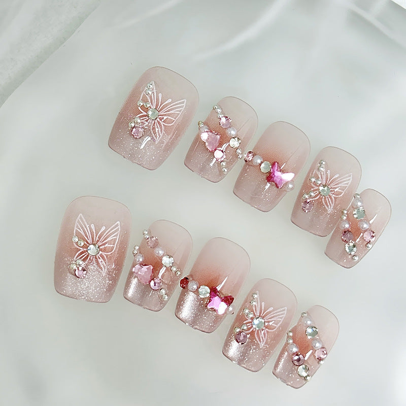 Butterfly Dream Long Square Pink Gradient Press On Nail Set with Gemstone Accents and Floral Designs