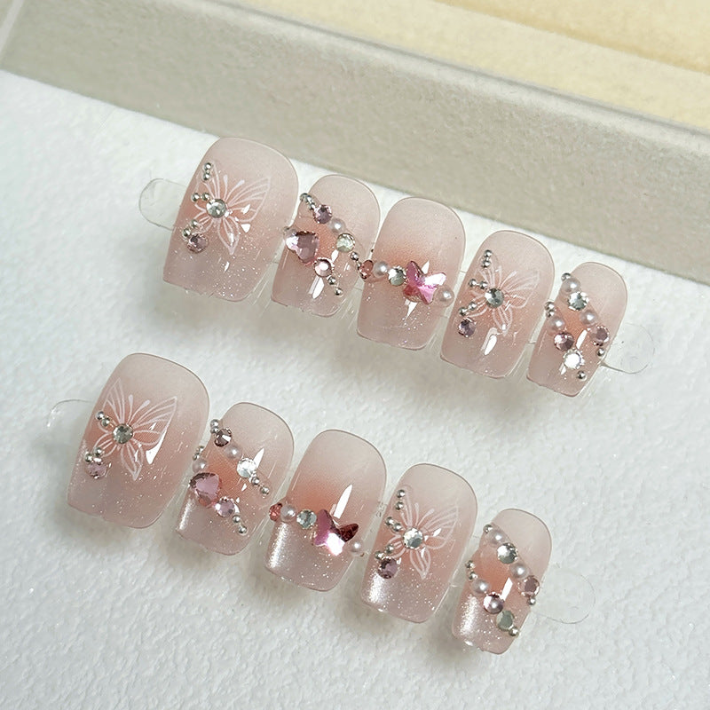 Enchanting Butterfly Blossom Long Square Press On Nail Set Blush Pink with Dazzling Gem Accents