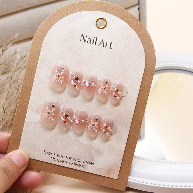 Whimsical Elegance Medium Square Pink Press On Nail Set with Floral Design and Gem Accents