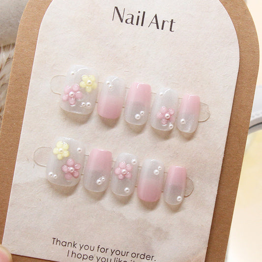 Floral Garden Medium Square Press On Nail Set Pink and White with 3D Flower Accents