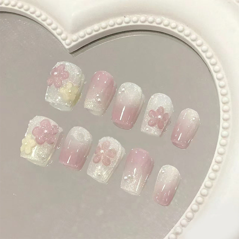 Floral Fantasy Long Square Press On Nail Set Pink Ombre with 3D Flower Accents and Glittering Finish