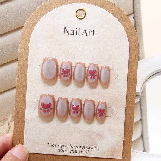 Chic Vintage Fashion Medium Coffin Soft Beige Press On Nail Set with Cute Red Accent Design