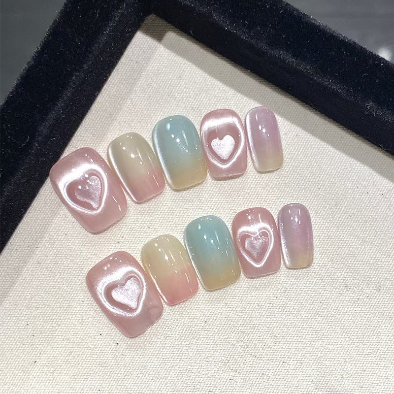 Sweetheart Dreams Medium Square Press On Nail Set with Heart Design Pastel Pink and Blue Ombre Colors