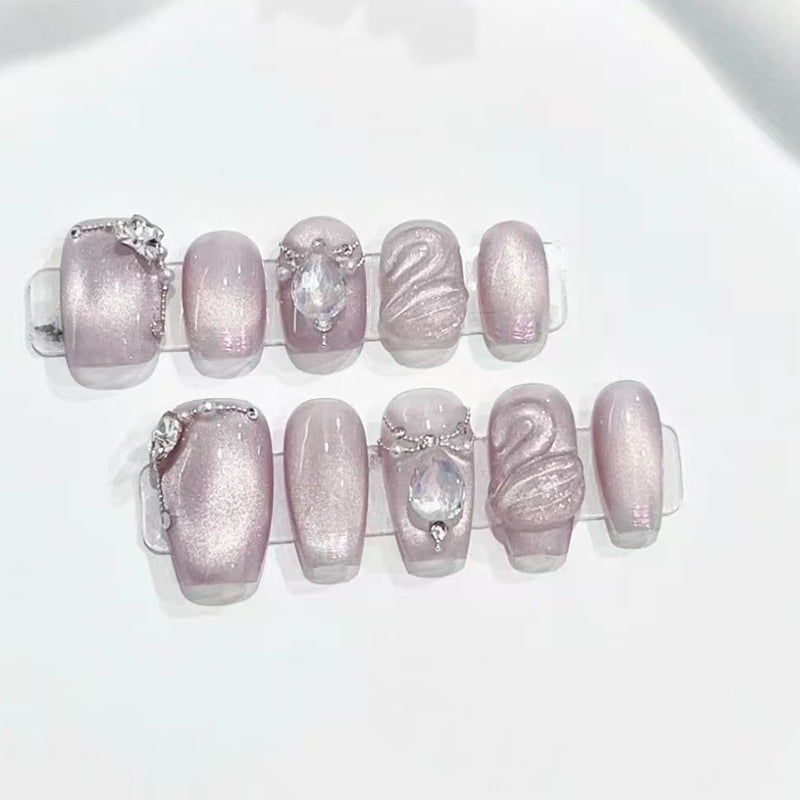 Elegant Rose Quartz Medium Square Press On Nail Set with Shimmering Pink Hue and Exquisite Gemstone Accents