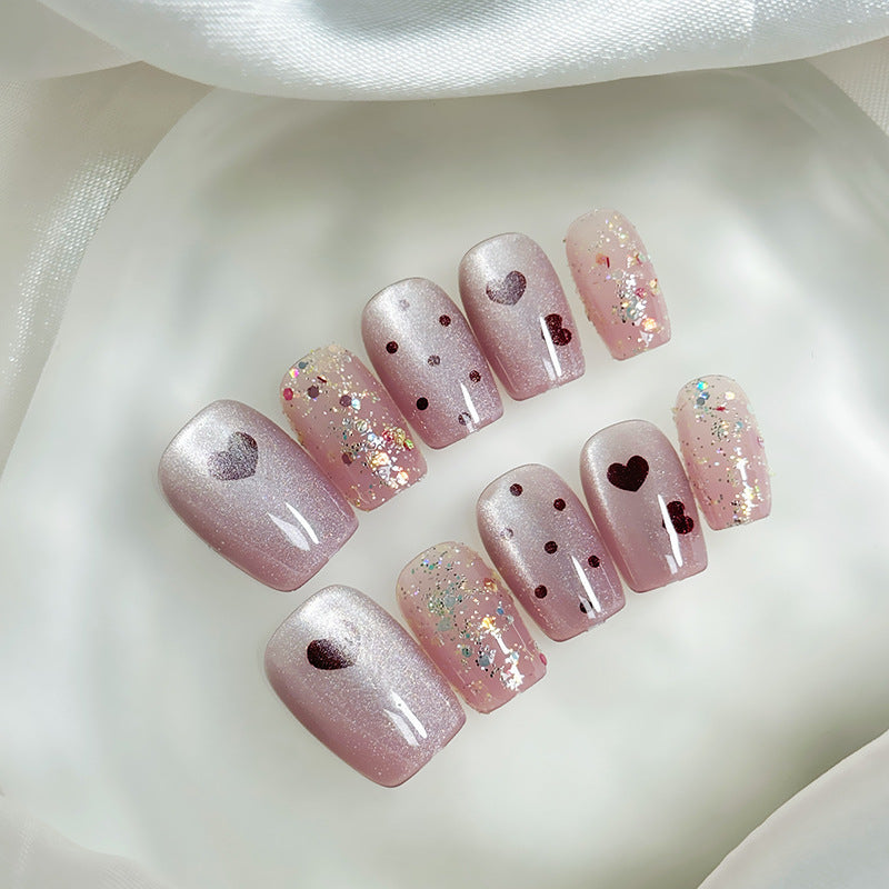 Charming Love Misty Square Press On Nail Set Long Pink Glitter Heart Nails