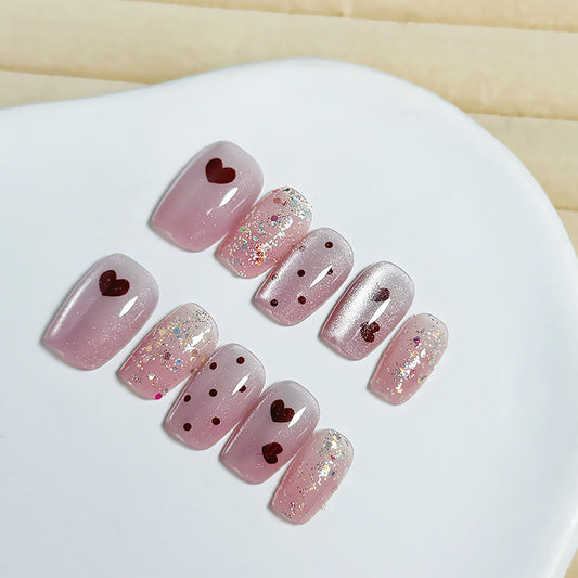 Sweetheart Dream Pink Long Square Press On Nail Set with Sparkling Glitter and Heart Accents