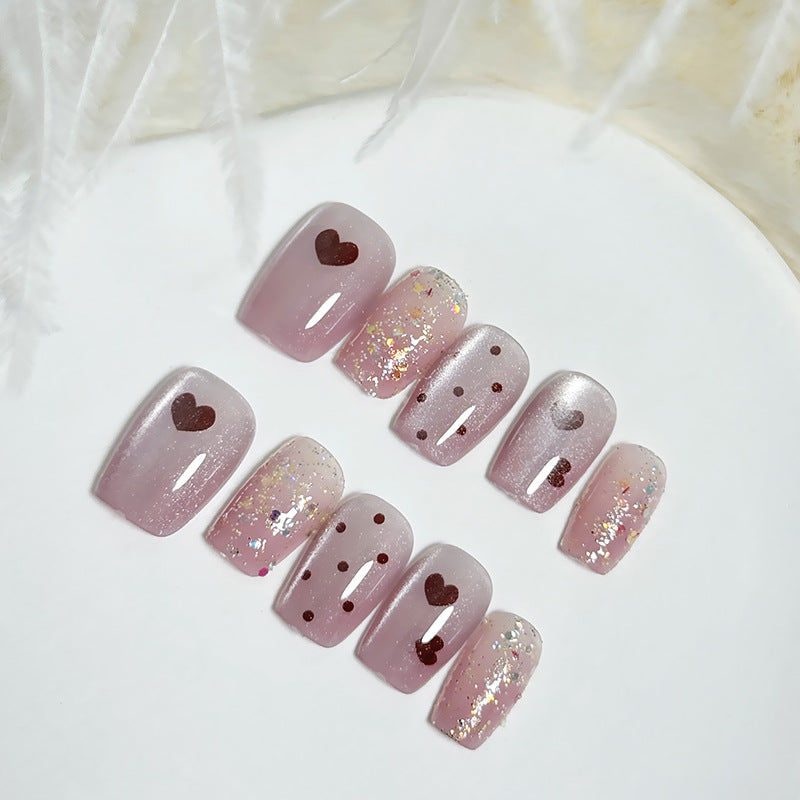 Romantic Hearts Long Square Pink Press On Nail Set with Shimmer and Glitter Design