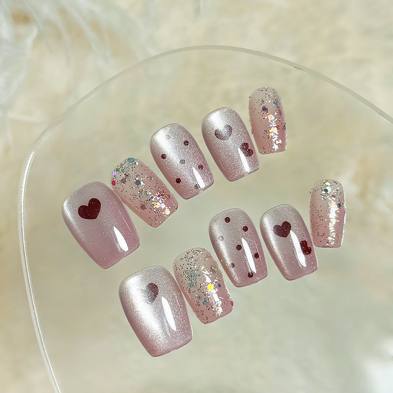 Romantic Heart Square Shaped Long Pink Glitter Press On Nail Set with Dazzling Love Designs