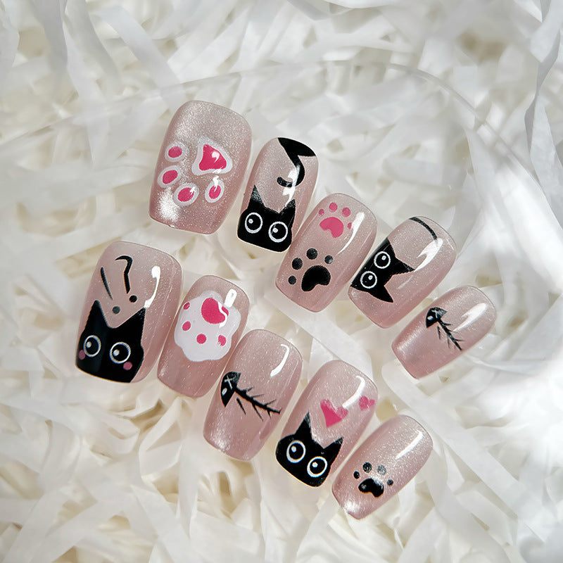 Charming Cat Lover's Press On Nail Set Long Square Pink Featuring Cute Cat and Paw Designs