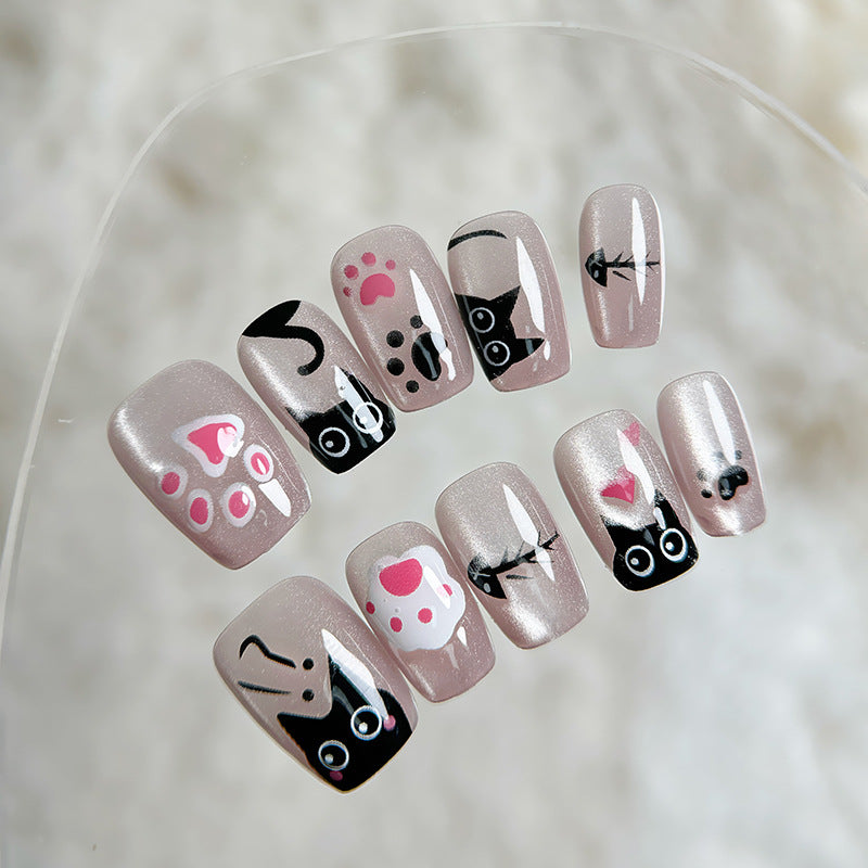 Cat Lovers Dream Long Square Pink and Black Press On Nail Set with Adorable Cat and Paw Prints Design