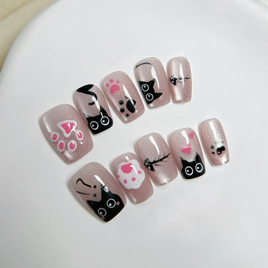 Whimsical Cat Lover Press On Nail Set Long Square Shimmery Pink with Adorable Cat and Paw Designs