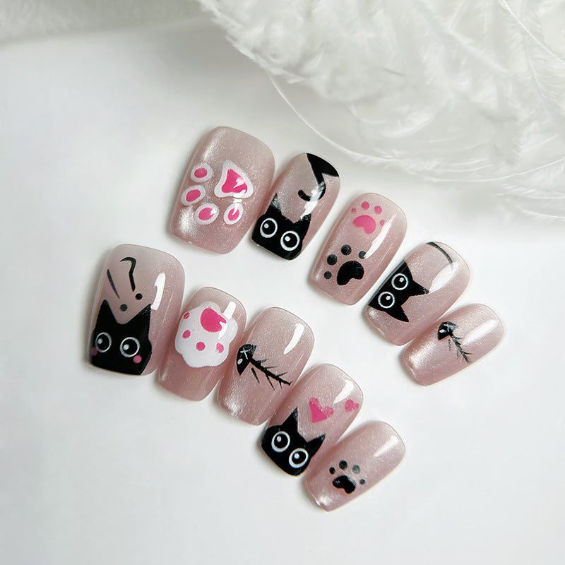 Cute Kitty Playtime Press On Nail Set Long Square Blush Pink with Adorable Cat and Paw Prints Design