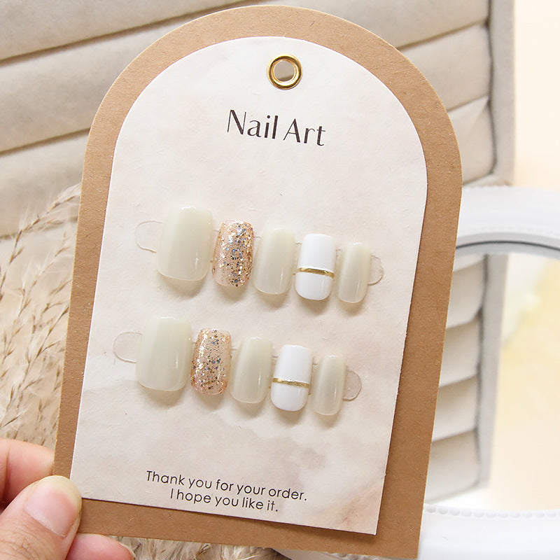 Elegant Dessert Long Square Beige and White Press On Nail Set with Glitter Accent and Gold Stripe Feature