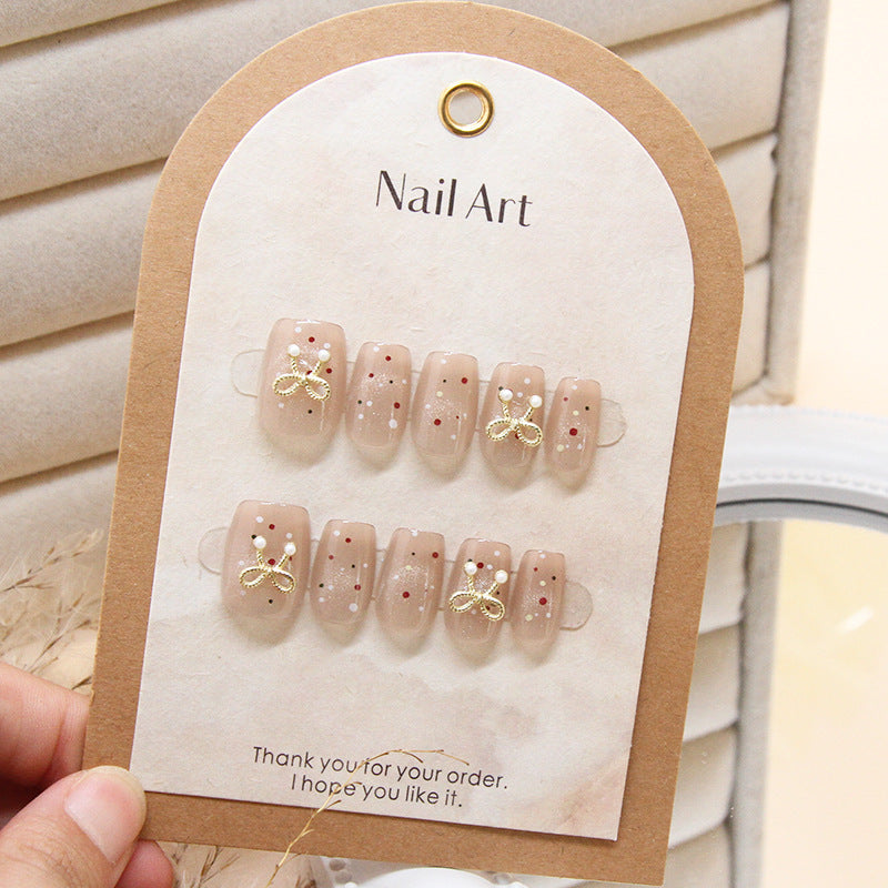 Chic Elegance Long Square Beige Press On Nail Set with Gold Bow and Polka Dot Design