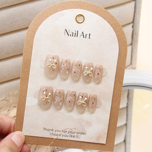 Chic Elegance Long Square Beige Press On Nail Set with Gold Bow and Polka Dot Design