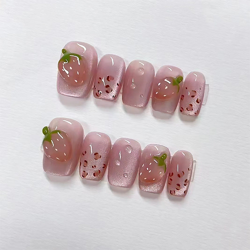 Sweet Strawberry Delight Long Square Pink Press On Nail Set with Adorable Fruit Design