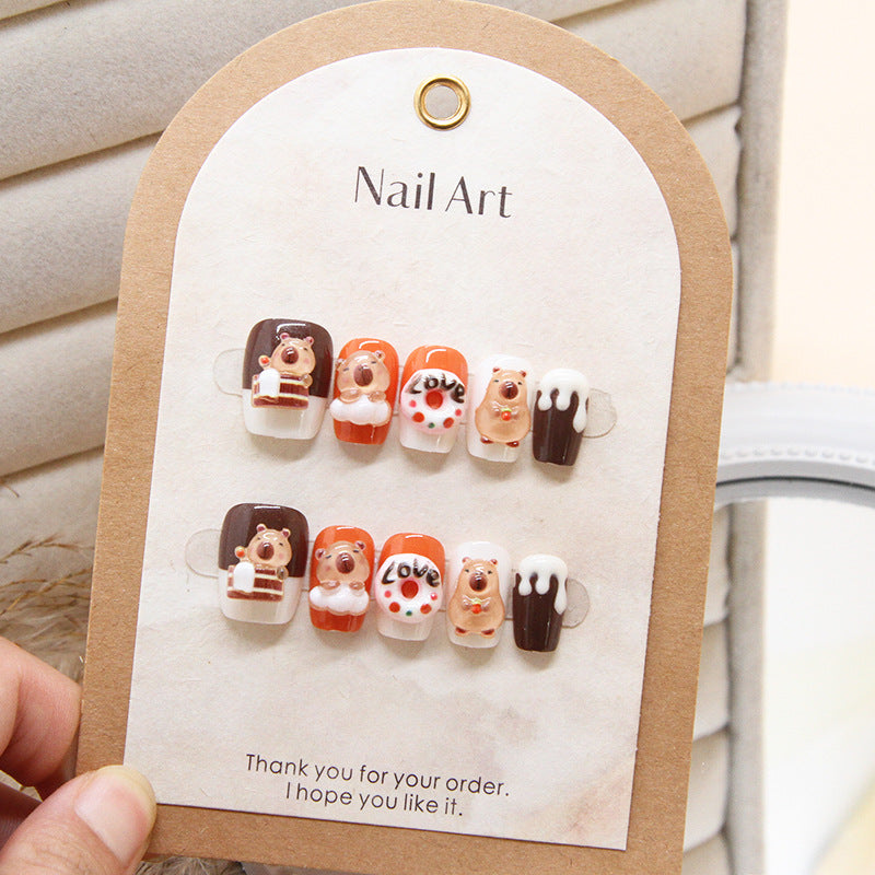 Bear Theme Cute Square Press On Medium Nail Set Orange Brown and White with Adorable Bear and Love Designs