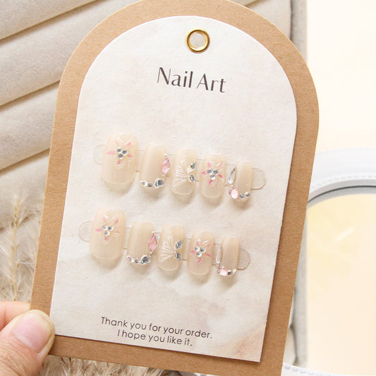 Floral Elegance Long Square Beige Press On Nail Set with Decorative Rhinestones and Hand-Painted Flowers