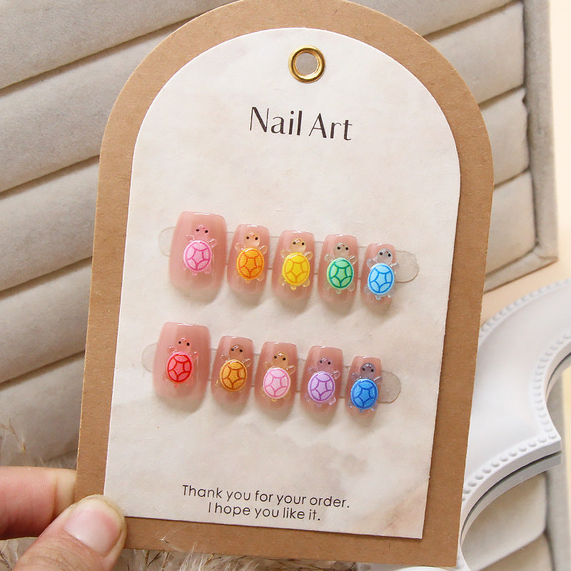 Under the Sea Colorful Turtle Press On Nail Set Long Square Rainbow Design with Adorable Turtle Art