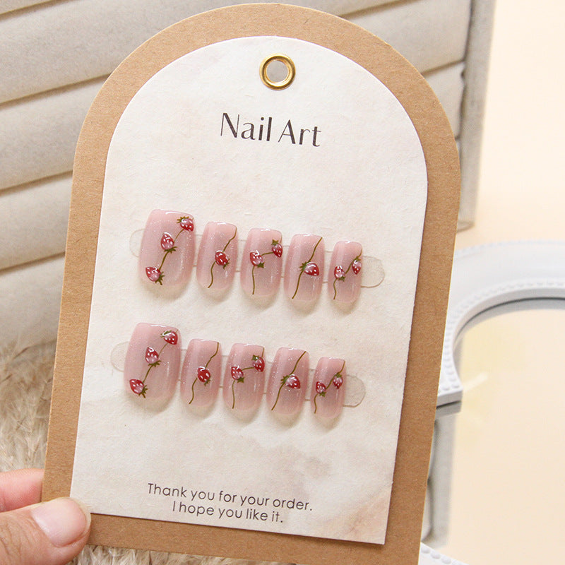 Sweet Strawberry Garden Long Square Pink Press On Nail Set with Floral Design