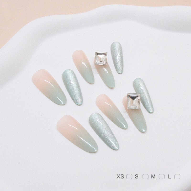 Enchanted Garden Long Almond Ombre Mint and Peach Press-On Nail Set with Shimmering Gemstone Accents