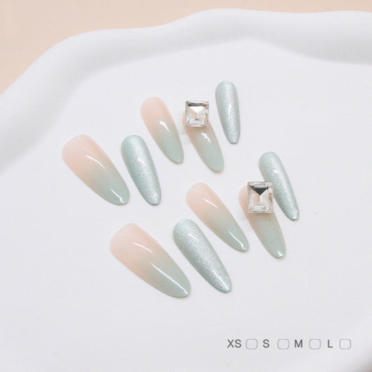 Enchanted Garden Long Almond Ombre Mint and Peach Press-On Nail Set with Shimmering Gemstone Accents