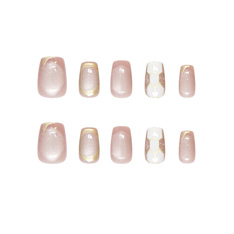 Elegant Garden Inspired Press On Nail Set Short Square Blush Pink with Gold Accents and Chic Honeycomb Design