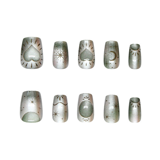 Celestial Dream Green Short Square and Square Length Glittering Star and Moon Press On Nail Set