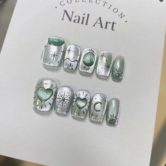 Celestial Dream Green Short Square Press On Nail Set with Shiny Star and Heart Designs