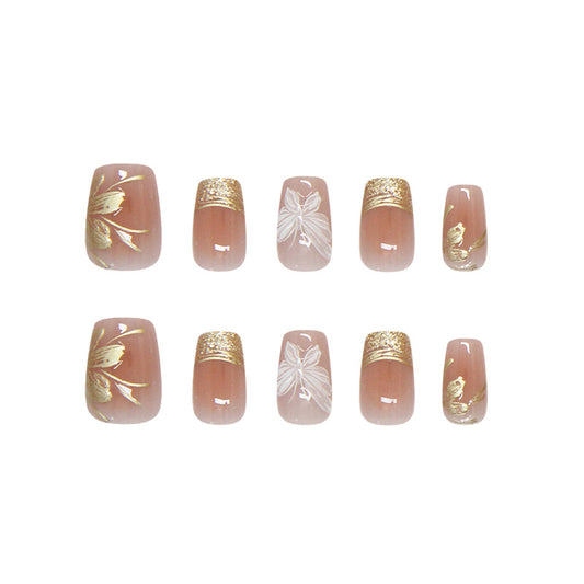 Elegant Floral Dream Press On Nails in Short Square Blush with Gold Accents and Intricate Flower Designs