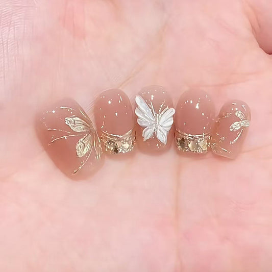 Whimsical Garden Short Squoval Beige Press On Nail Set with Delicate Butterfly and Leaf Designs