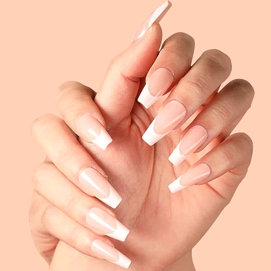 Elegant Garden Long Coffin Press On Nail Set in Soft Pink and White with Unique Gradient Design