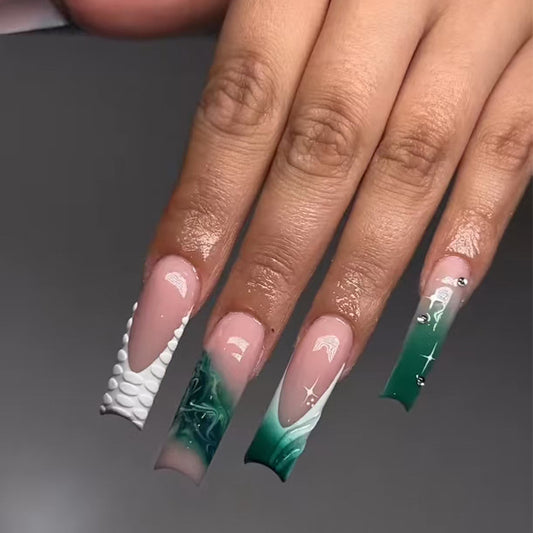 Ocean Breeze Extra Long Square Green Ombre Press On Nail Set with Unique Textured Finish and Glitter Accents