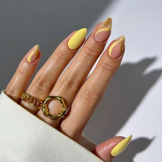 Golden Sunshine Long Stiletto Yellow Press On Nail Set with Glitter Accents