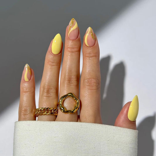 Charming Summer Glam Long Stiletto Yellow Press On Nail Set with Glitter Accent Design