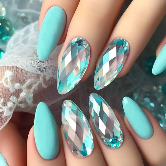 Ocean Bliss Long Almond Shape Turquoise Press On Nail Set with Shimmering Gemstone Accents